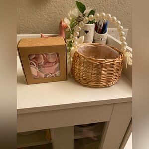 Wicker Flower Girl Basket with Pearl Handle and Faux Pink & White Petals